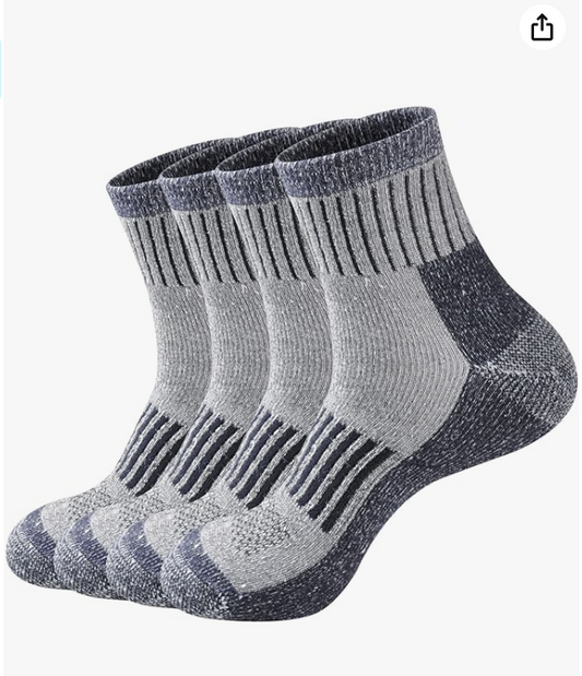 Men's Merino Wool Cushioned Hiking Trekking Socks 4 Pairs, Quarter Length with Moisture Wicking